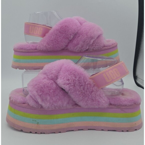 UGG Pink Rainbow Platform Disco Knot Genuine Shearling Slide Slippers US Size 11 - Picture 2 of 9